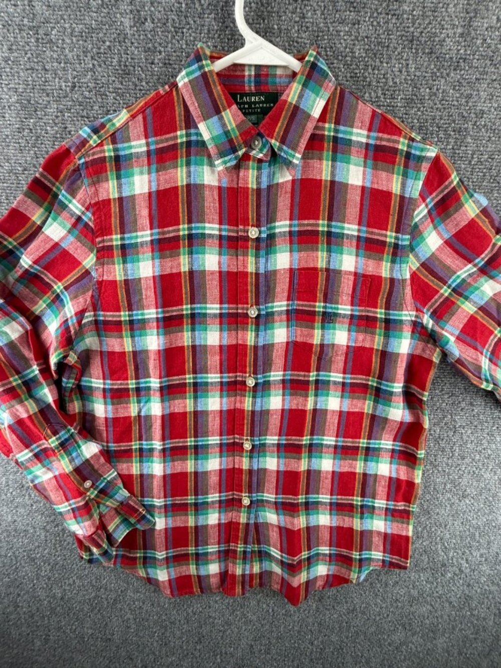 Lauren Ralph Lauren All Linen Colorful Button Up Shirt Red Plaid Petite Small PS